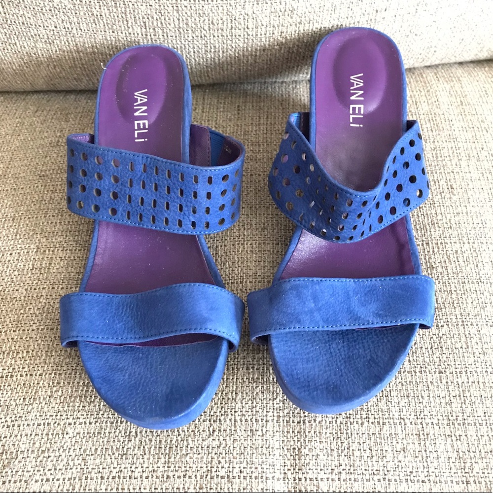 Vaneli Blue Suede Wedge Slides with Purple Insole